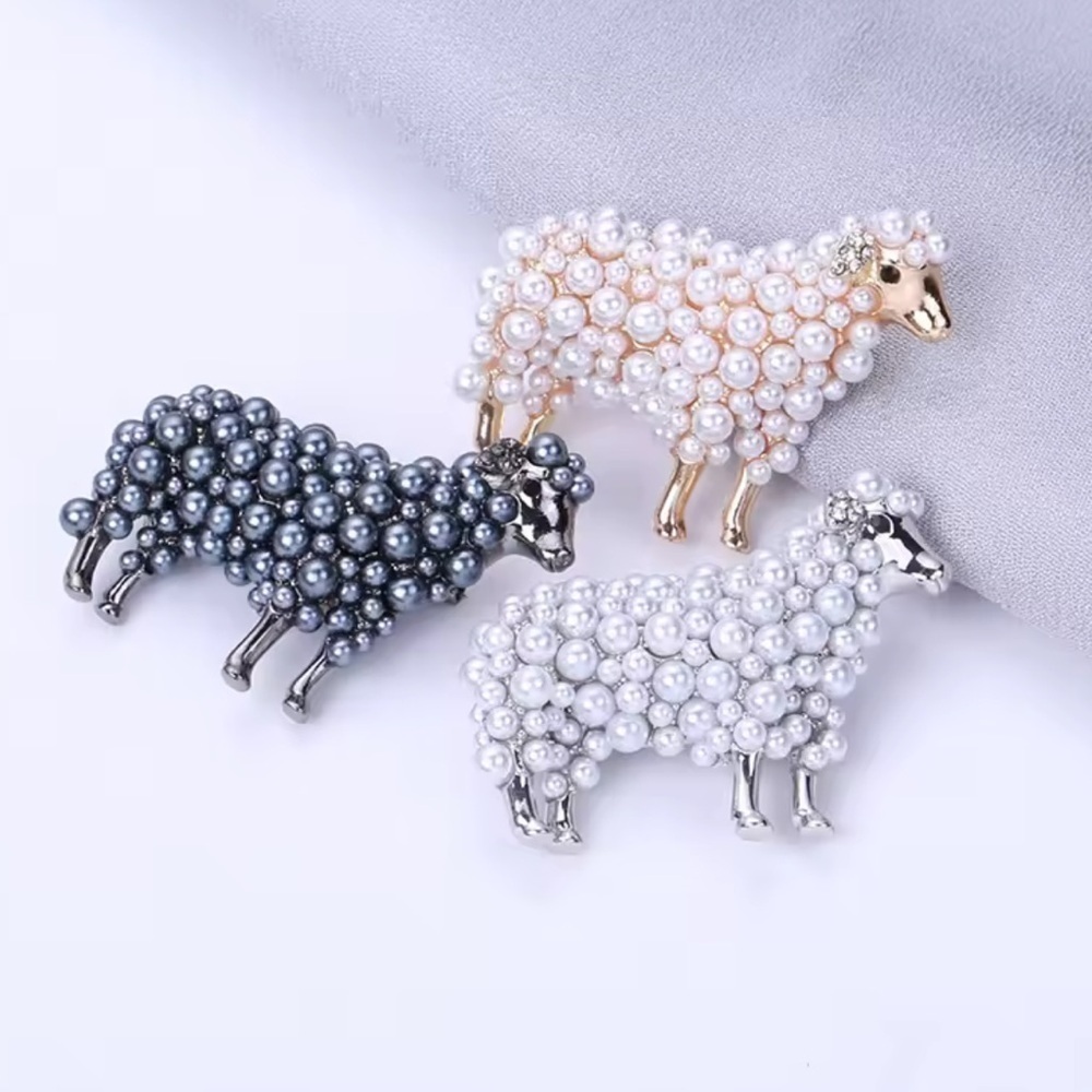 Vintage Pearl Sheep Gray Silver Brooch - Picture 5 of 14